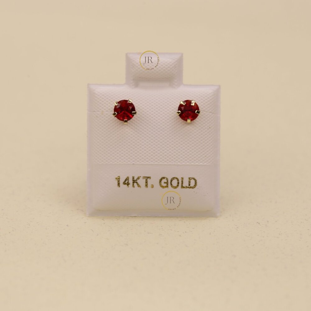 14K Yellow Gold Ruby-Tone CZ Stud Earrings · 4 mm Round · Secure Screw Back.